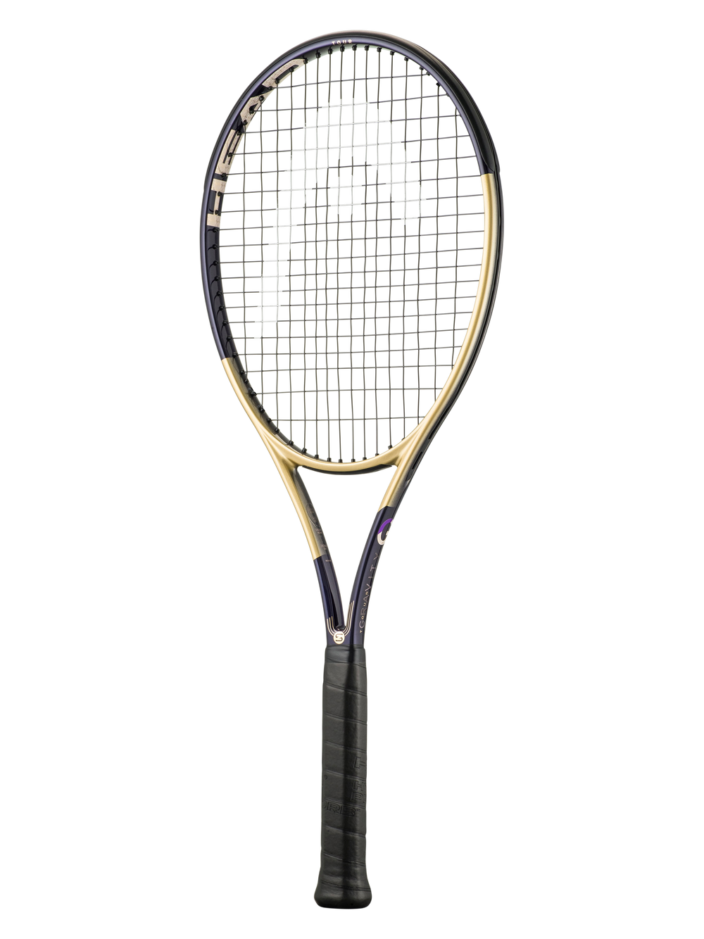 A tennis racket with a black and gold frame, black strings, and a black grip, shown vertically against a plain white background.