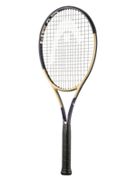 A tennis racket with a black and gold frame, black strings, and a black grip, shown vertically against a plain white background.