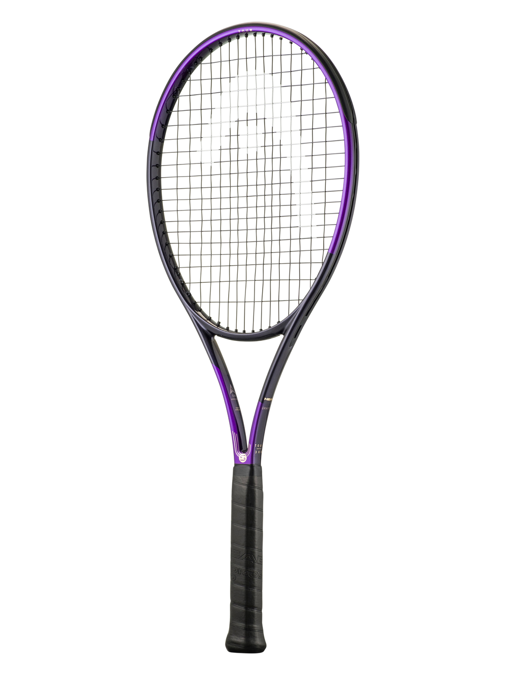 A tennis racket with a black frame and purple trim, featuring black strings and a black grip, shown against a plain white background.