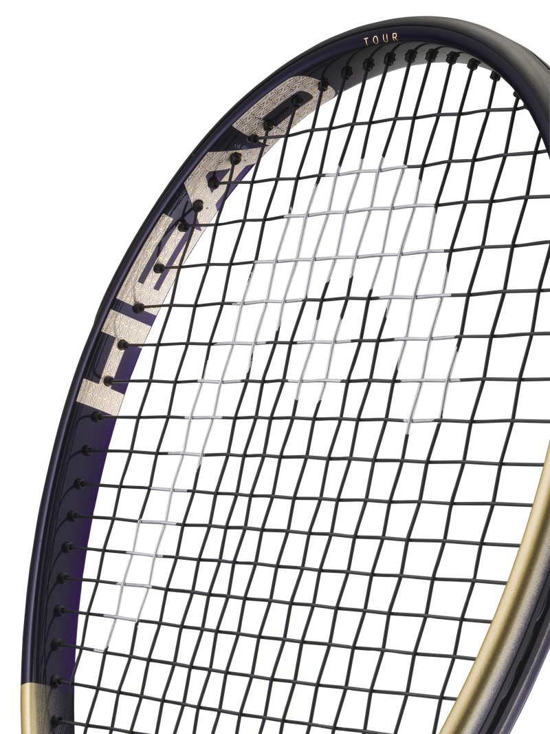 Close-up of a tennis racket showing the black and purple HEAD Tour brand frame and white string bed against a white background.