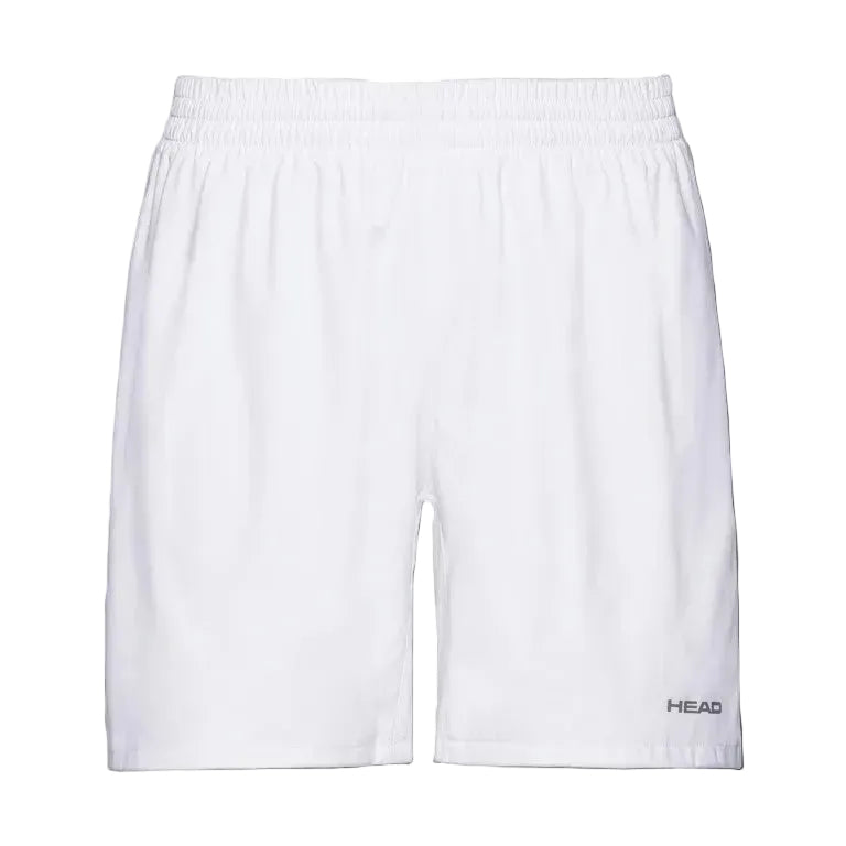 White athletic shorts with an elastic waistband and a small gray 'HEAD' logo on the lower left hem.